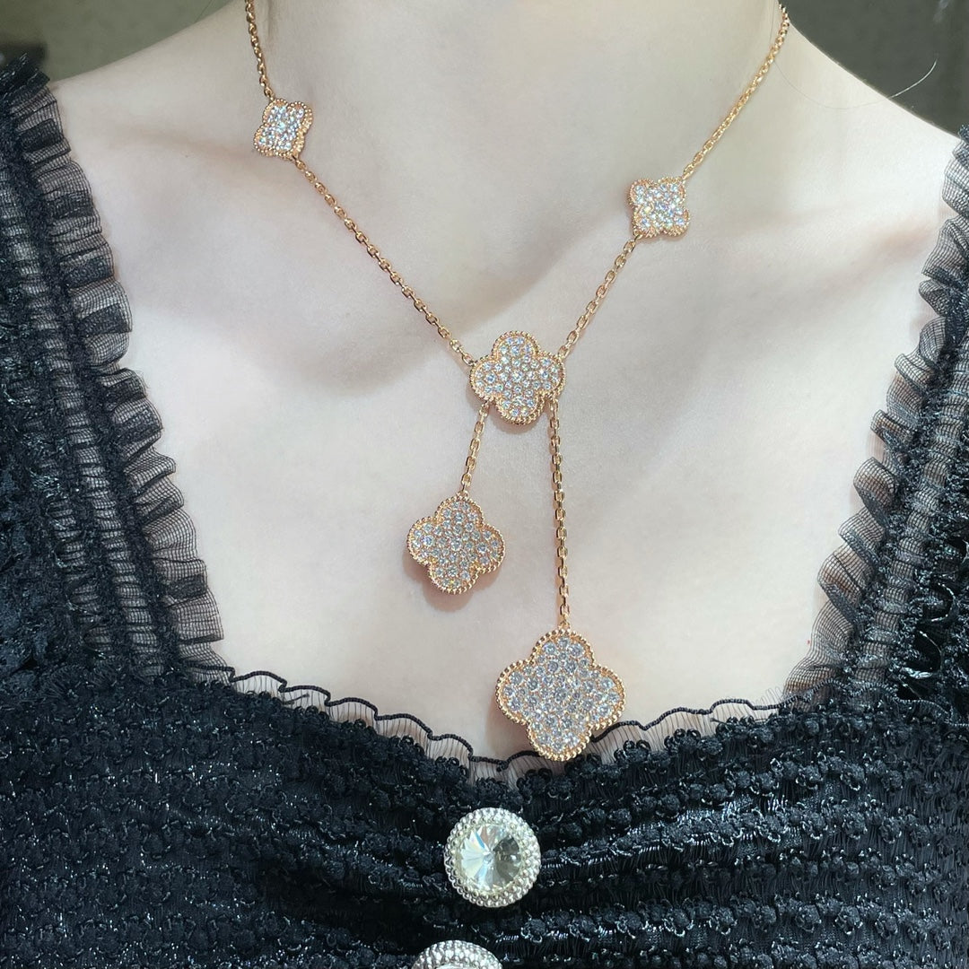 VCA CLOVER 6 MOTIF DIAMOND PAVED NECKLACE