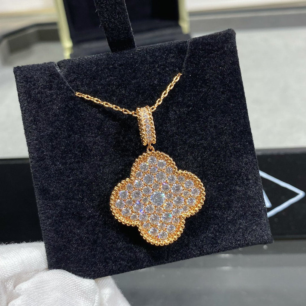 VCA CLOVER 25MM LARGE PEDANT DIAMOND PAVED LONG NECKLACE